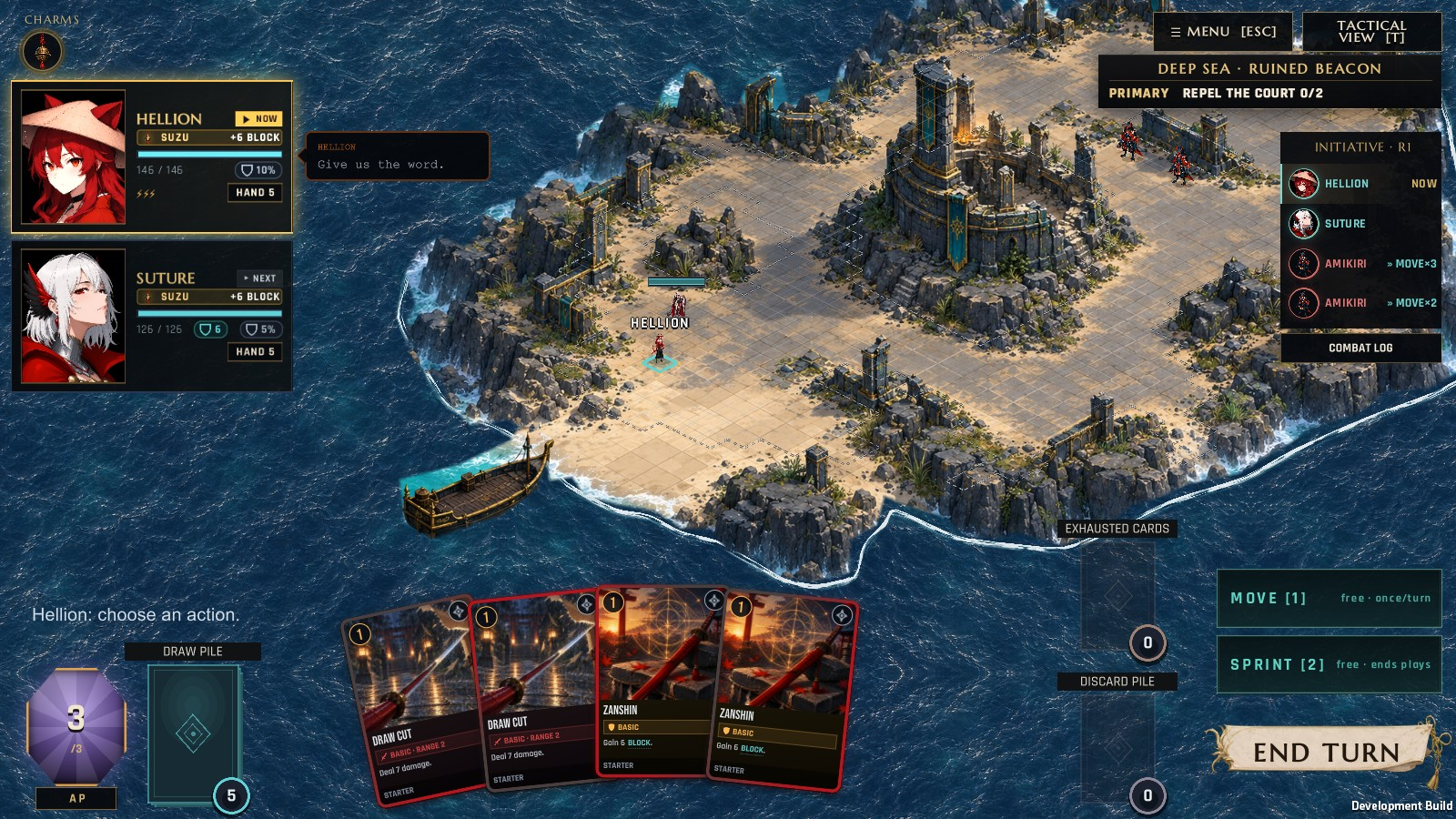 Hellion and Suture in tactical combat on a coastal battlefield, with cards and enemy intent visible.