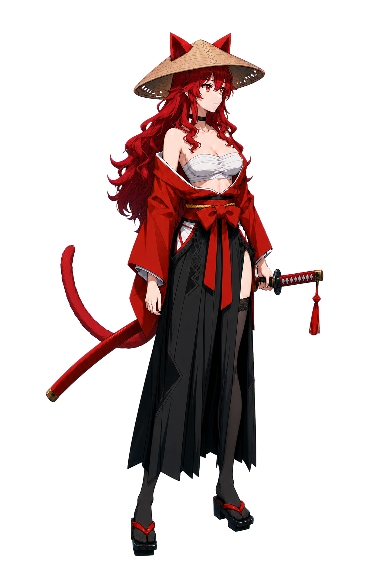 Hellion, the red-haired warrior, with her sword and straw hat.